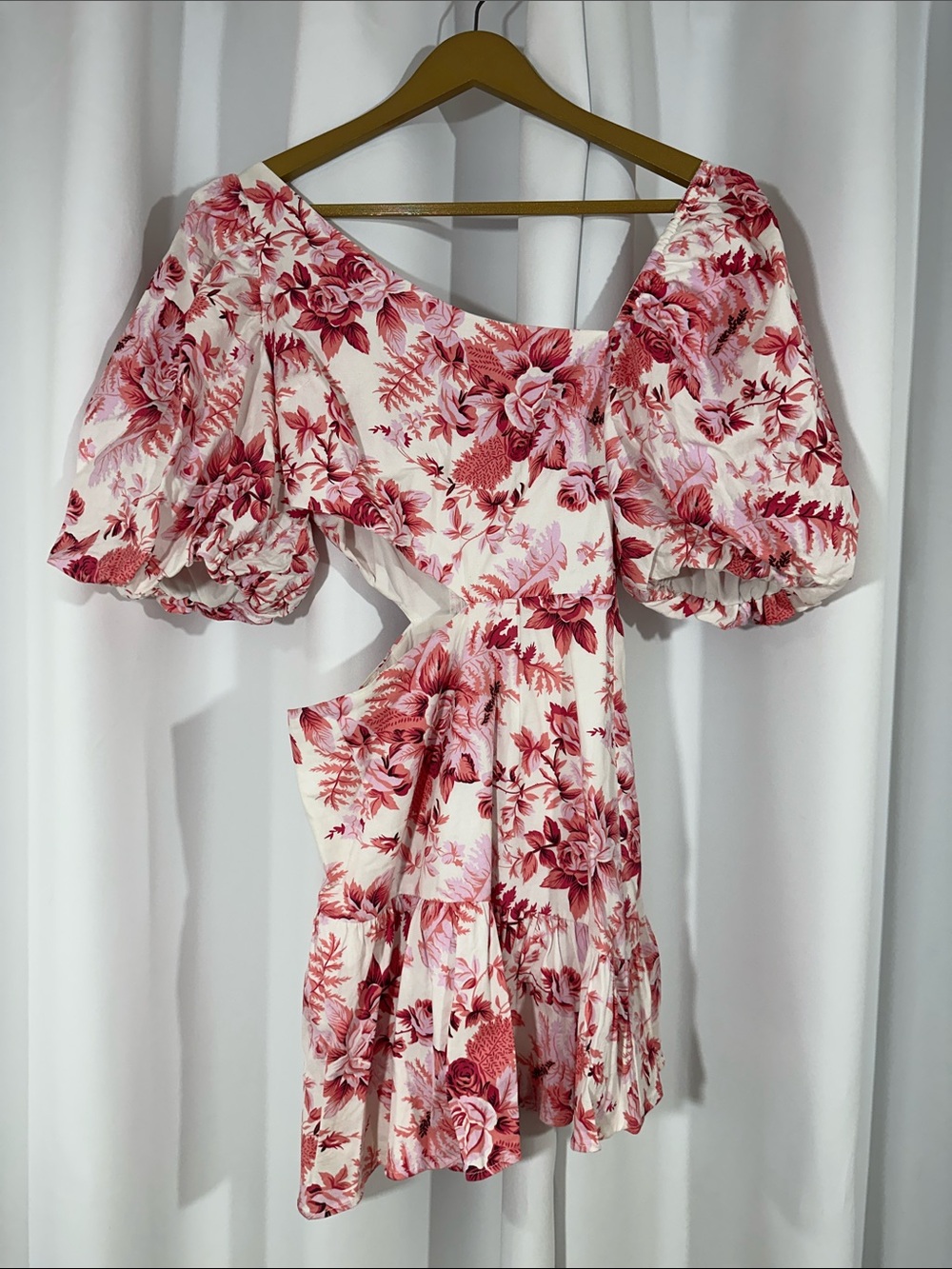Hello Molly Floral Puff Sleeve Mini Dress Size 4 Side Cutout Asymmetrical